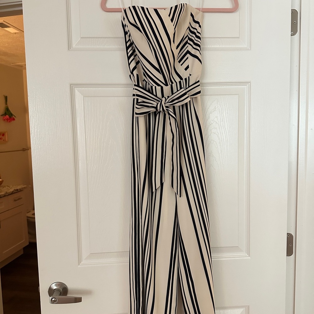 H&M Black and Cream Striped Jumpsuit